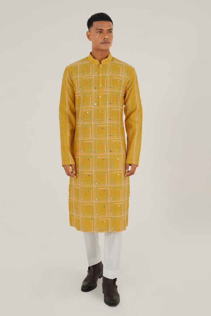 GEOMETRIC EMBROIDERY KURTA SET WITH MIRROR WORK