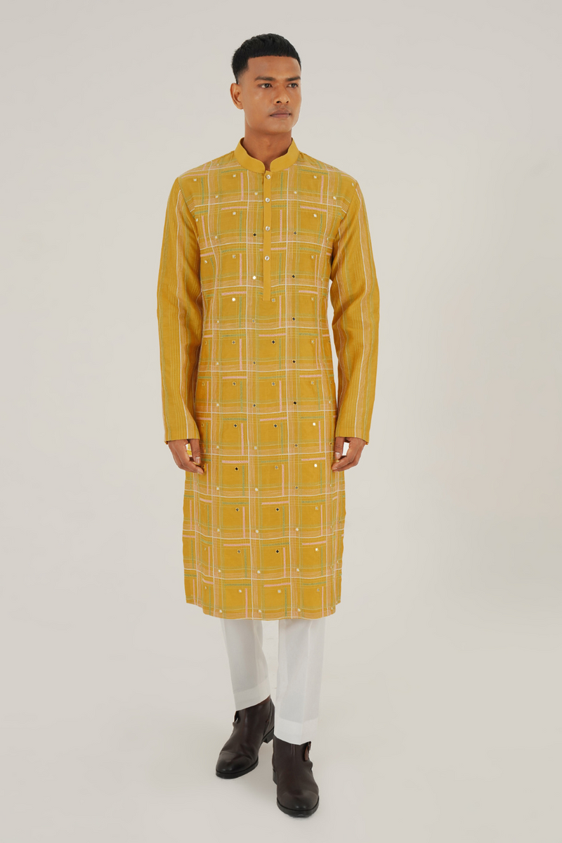 GEOMETRIC EMBROIDERY KURTA SET WITH MIRROR WORK