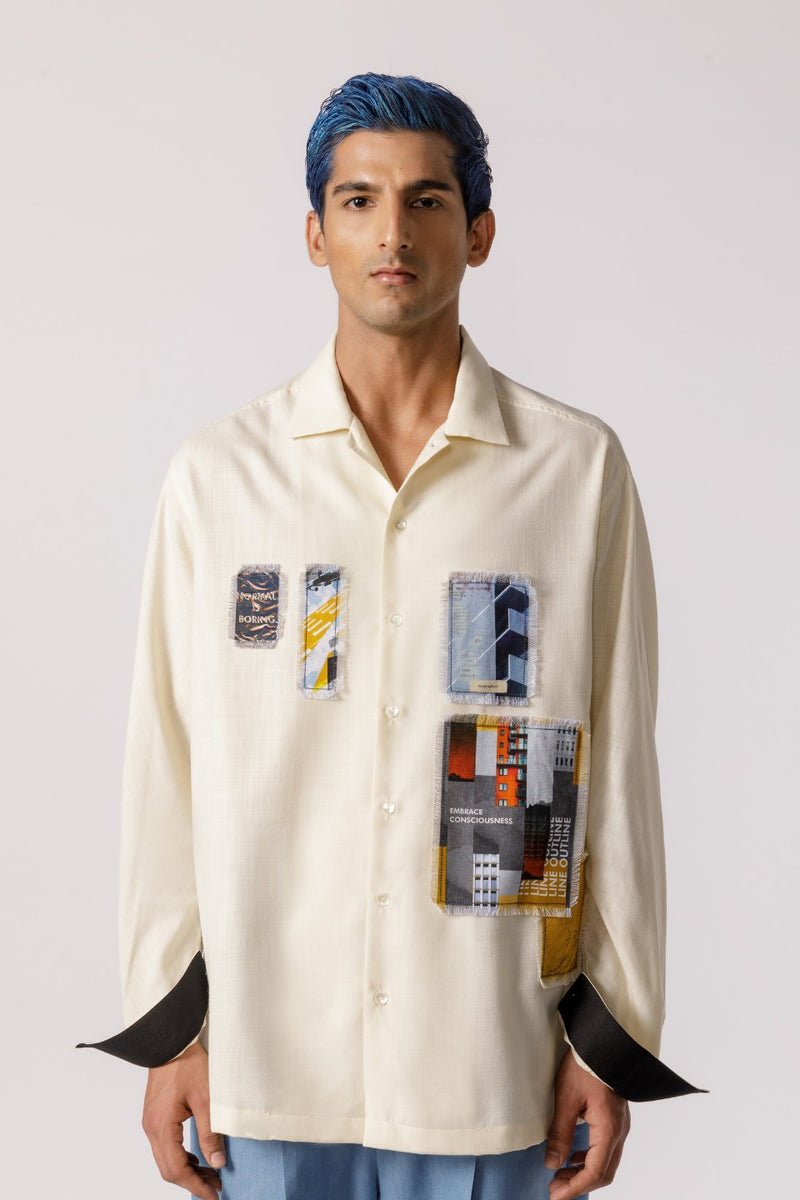 OVERSIZED PATCH WORK SHIRT (OFF-WHITE)