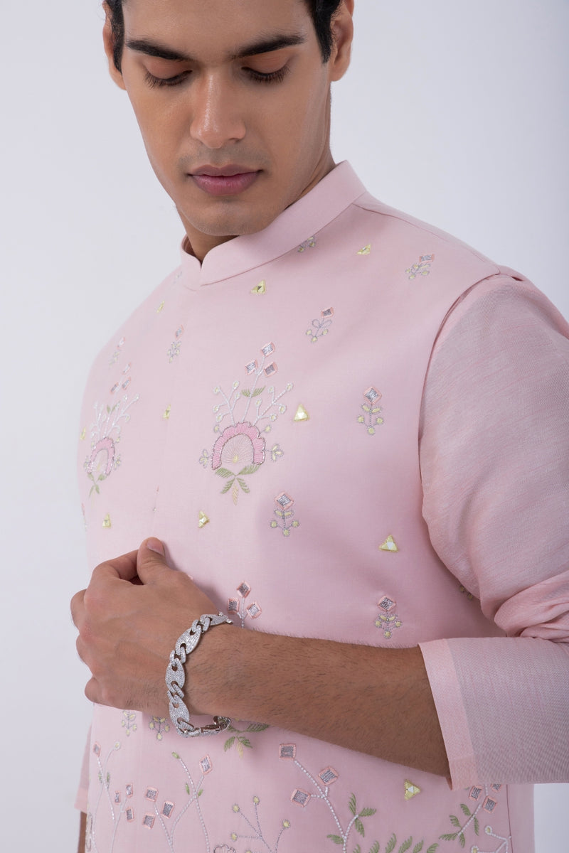 PASTEL PINK PINTUCK KURTA SET WITH PASTEL PINK GARDEN EMB BUNDI