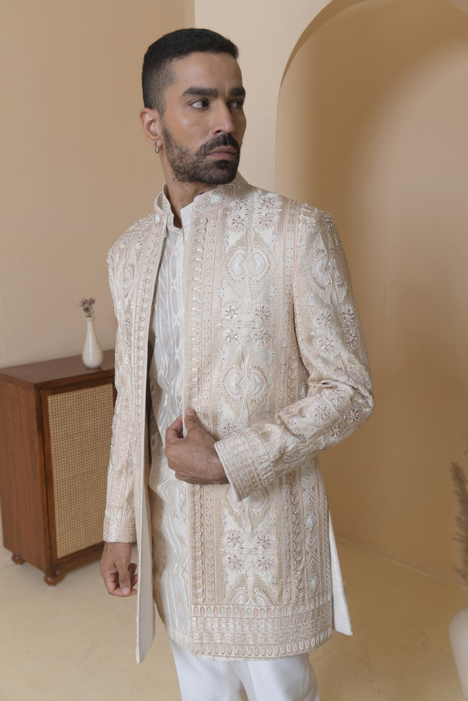 3 LAYER MID LENGTH EMBROIDERED CHANDERI INDO WESTERN