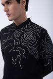 BLACK ABSTRACT EMBRIODERED KURTA SET WITH BLACK ABSTRACT EMBRIODERED BUNDI