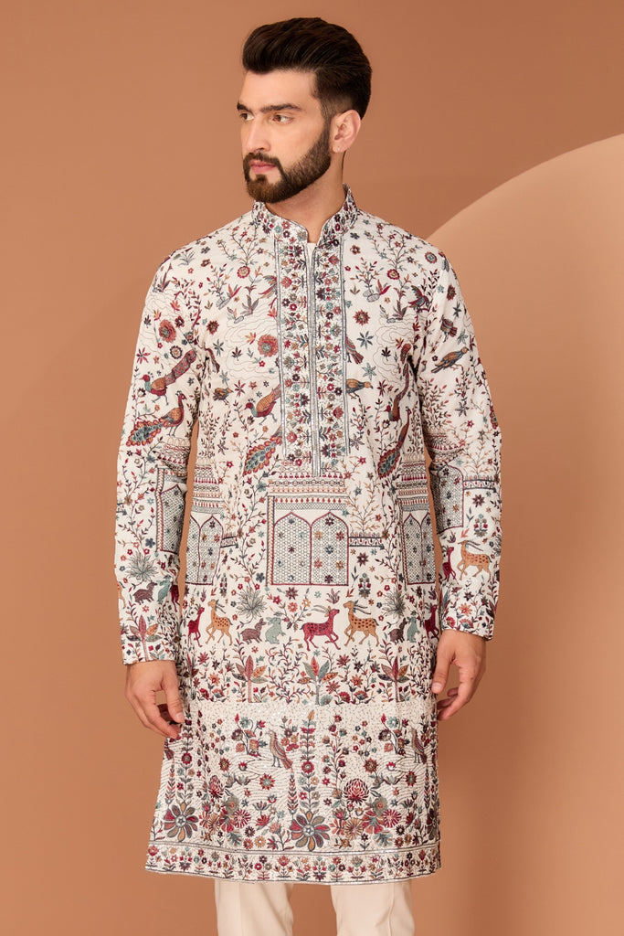 WHITE KURTA WITH FLORA-FAUNA MOTIFS