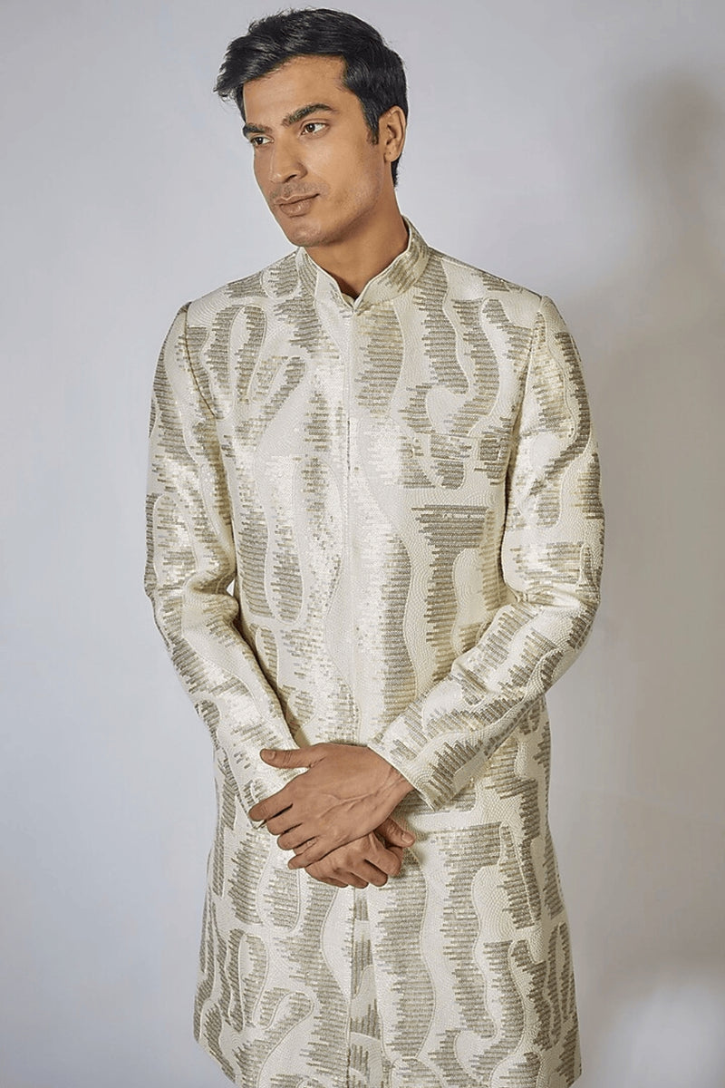 OFF WHITE EMBROIDERED ACHKAN SET