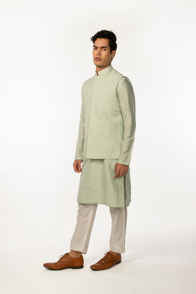 SOOTHING GREEN EMBROIDERED WITH HIGHLIGHTS BUNDI WITH GREEN EMBROIDERED KURTA SET