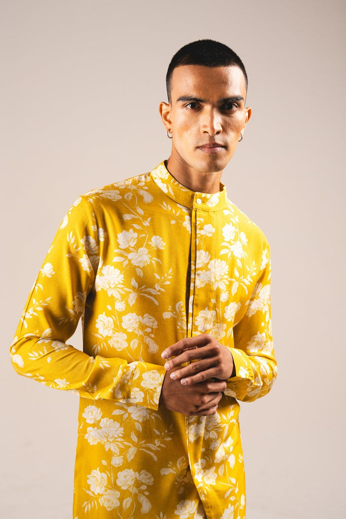 YELLOW WHITE ROSE SIDE SLIT KURTA PAJAMA SET