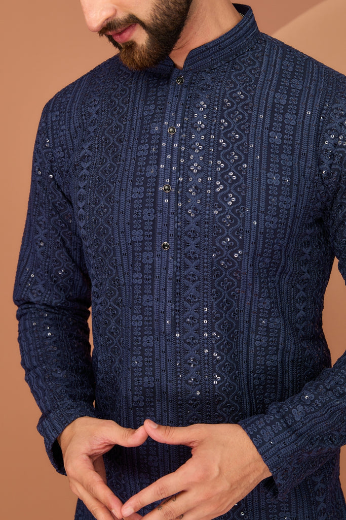 NAVY BLUE CHIKANKARI KURTA WITH INTRICATE THREAD AND SEQUIN WORK