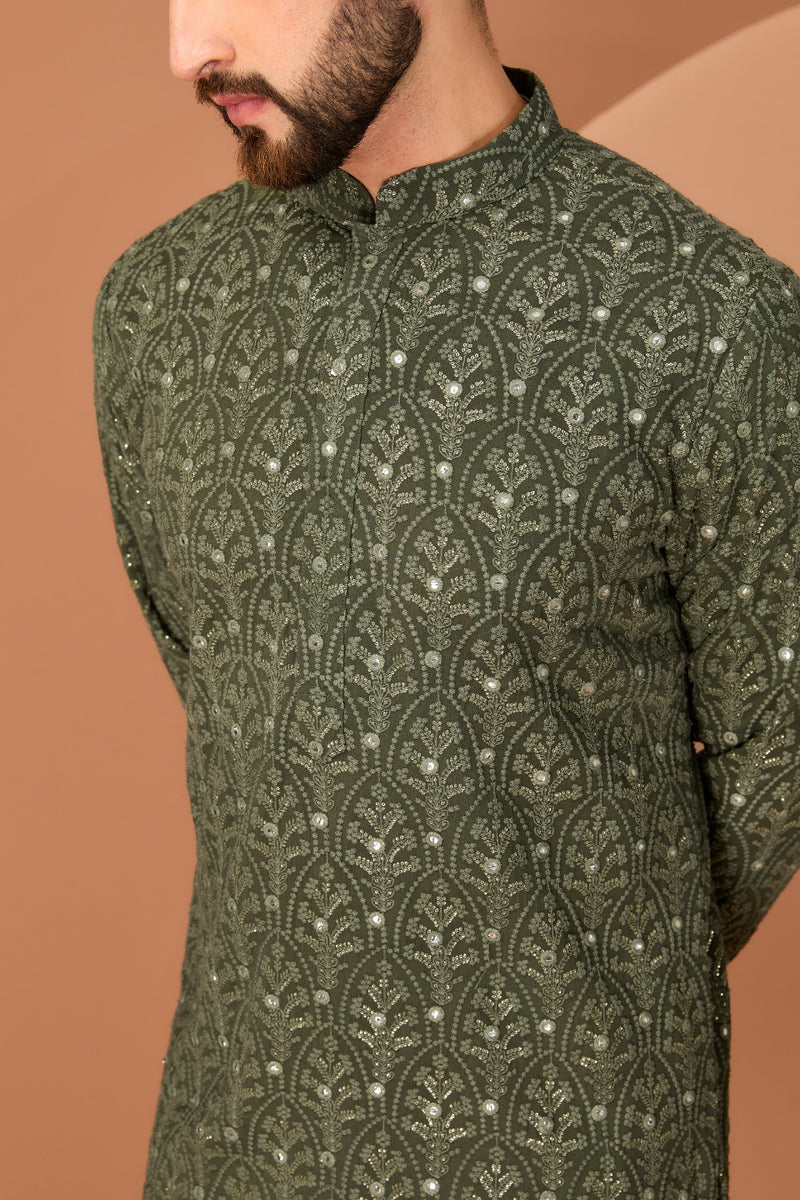 MILITARY GREEN CHIKANKARI KURTA