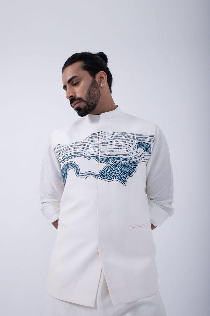 IVORY KURTA SET WITH IVORY PLACMENT ABSTRACT EMBRIODERD BUNDI