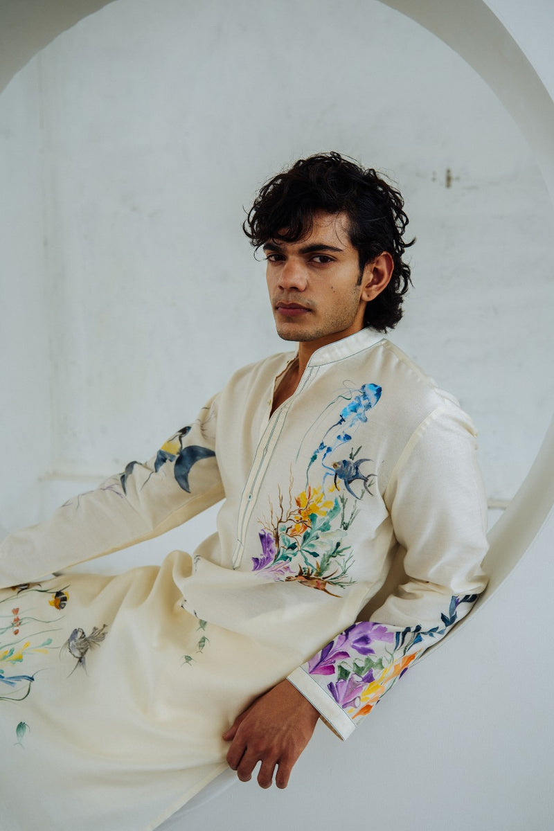 IVORY CHANDERI HAND PAINTED KURTA SET