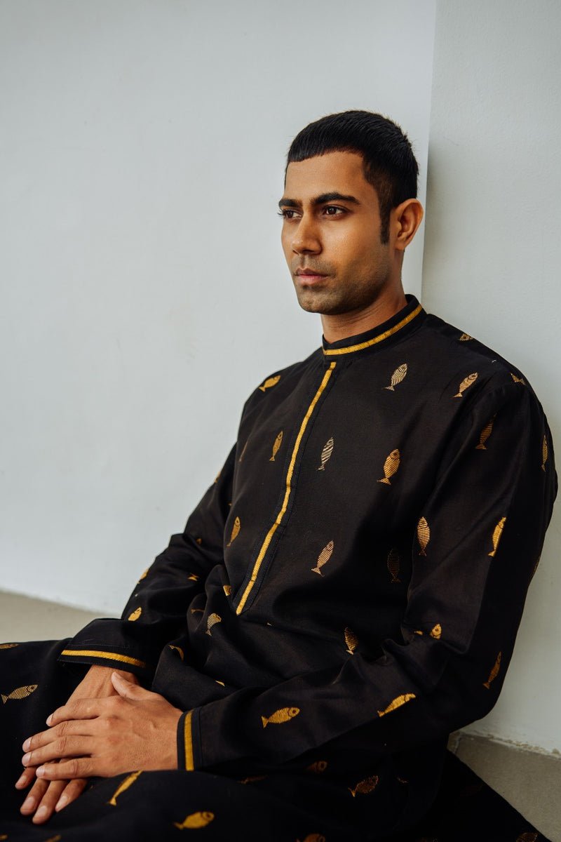 BLACK CHANDERI KURTA SET