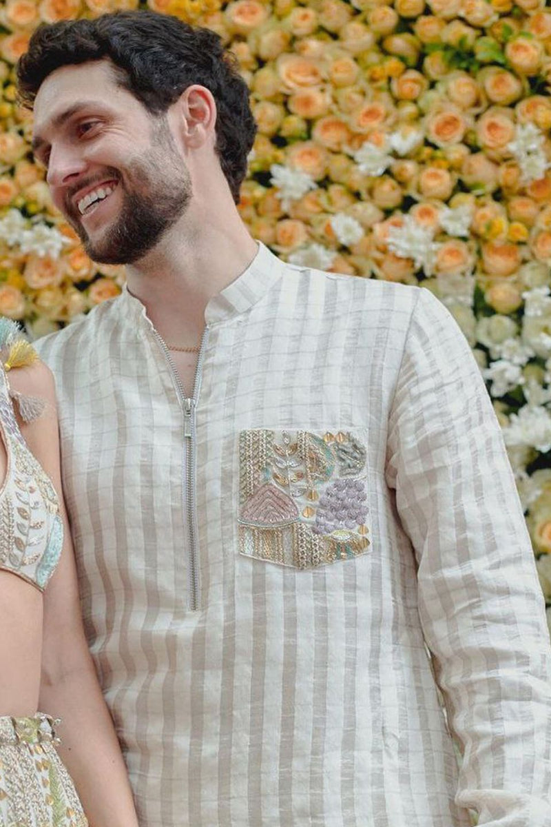 OFF WHITE EMBROIDERED BOMBER KURTA WITH JOGGER PANT