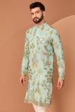 DARK AQUA BLUE FLORA-FAUNA EMBROIDERED KURTA