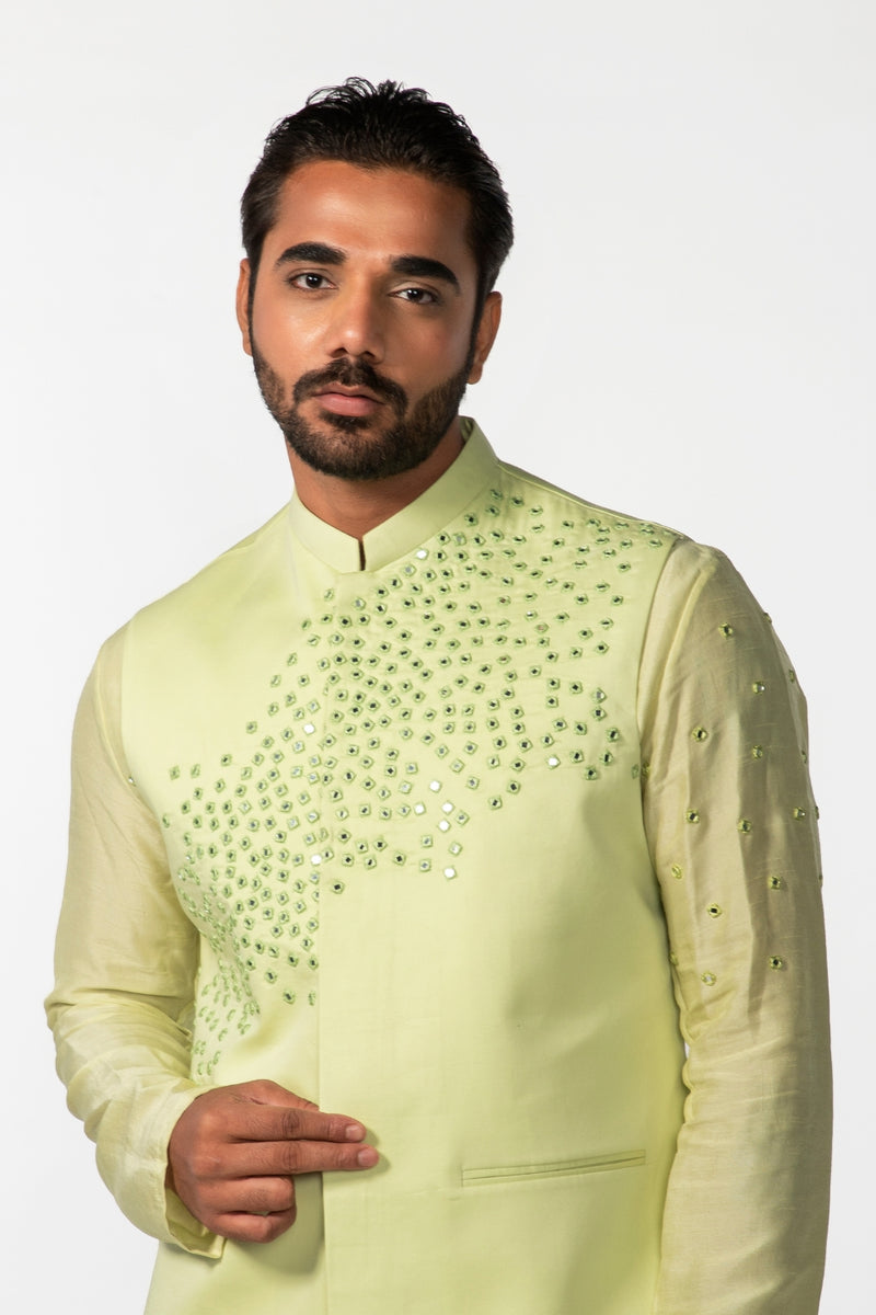 MINT GREEN ABSTRACT MIRROR BUNDI WITH MINT GREEN MIRROR ABSTRACT KURTA SET