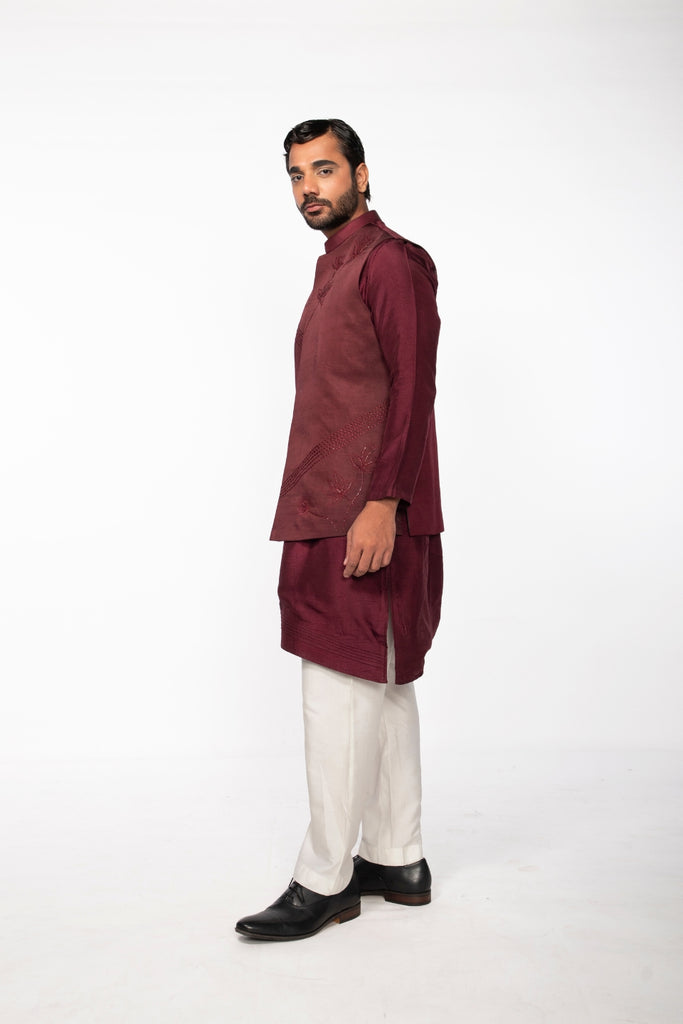 WINE LOTUS BUNDI WITH WINE PINTUCK KURTA