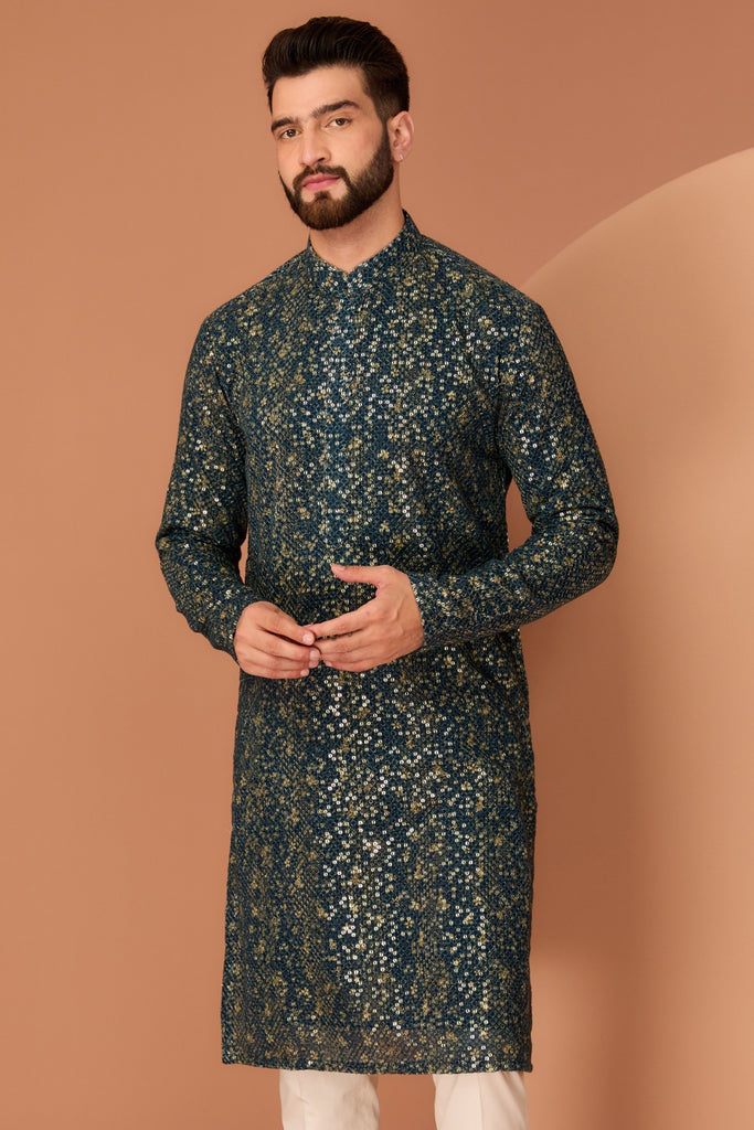 BLUE-GREY HEAVY ABSTRACT SEQUINED KURTA
