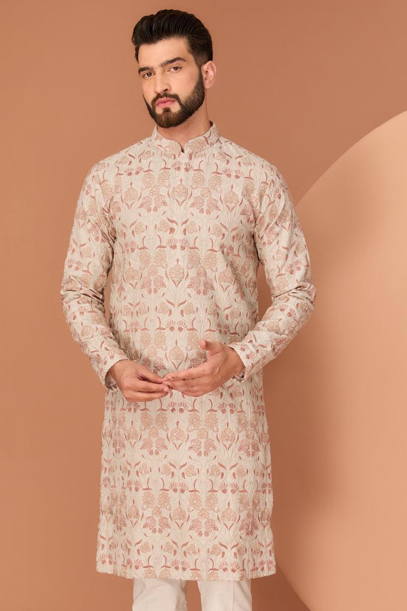 BEIGE-CREAM FLORAL CHIKANKARI KURTA