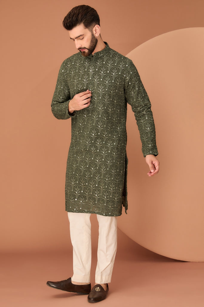 MILITARY GREEN CHIKANKARI KURTA