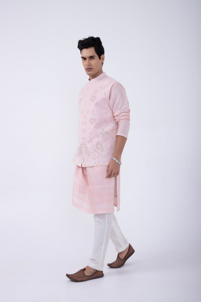 PASTEL PINK PINTUCK KURTA SET WITH PASTEL PINK GARDEN EMB BUNDI