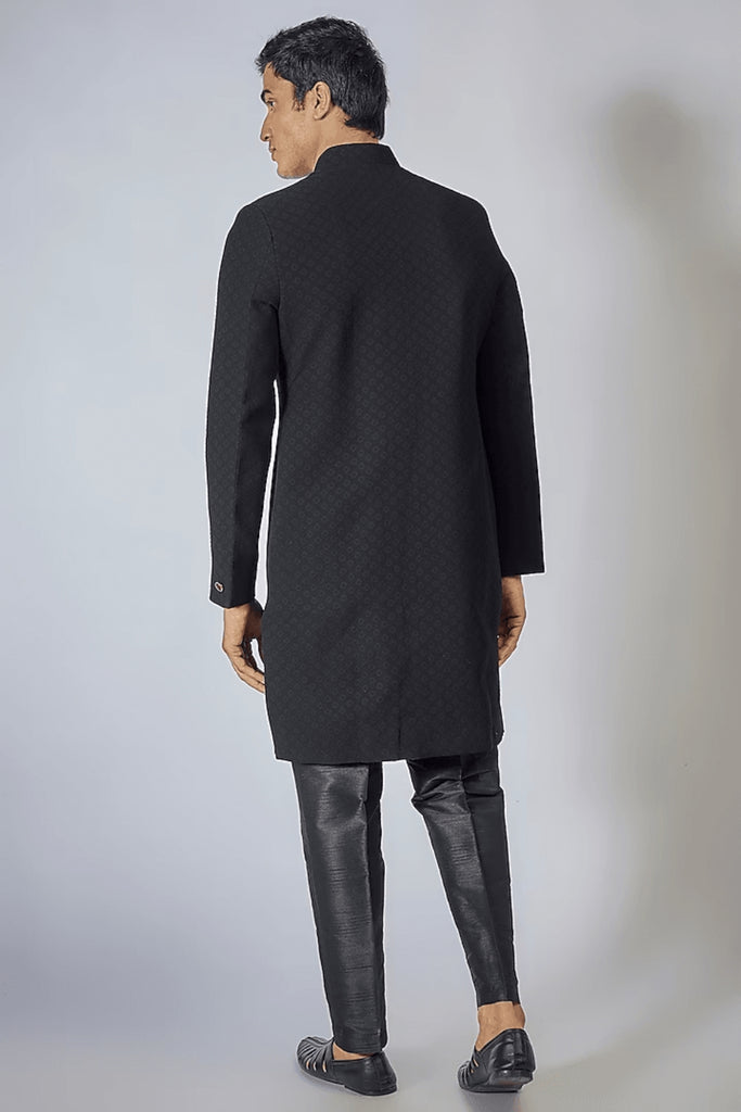 BLACK SELF EMBROIDERED ACHKAN SET