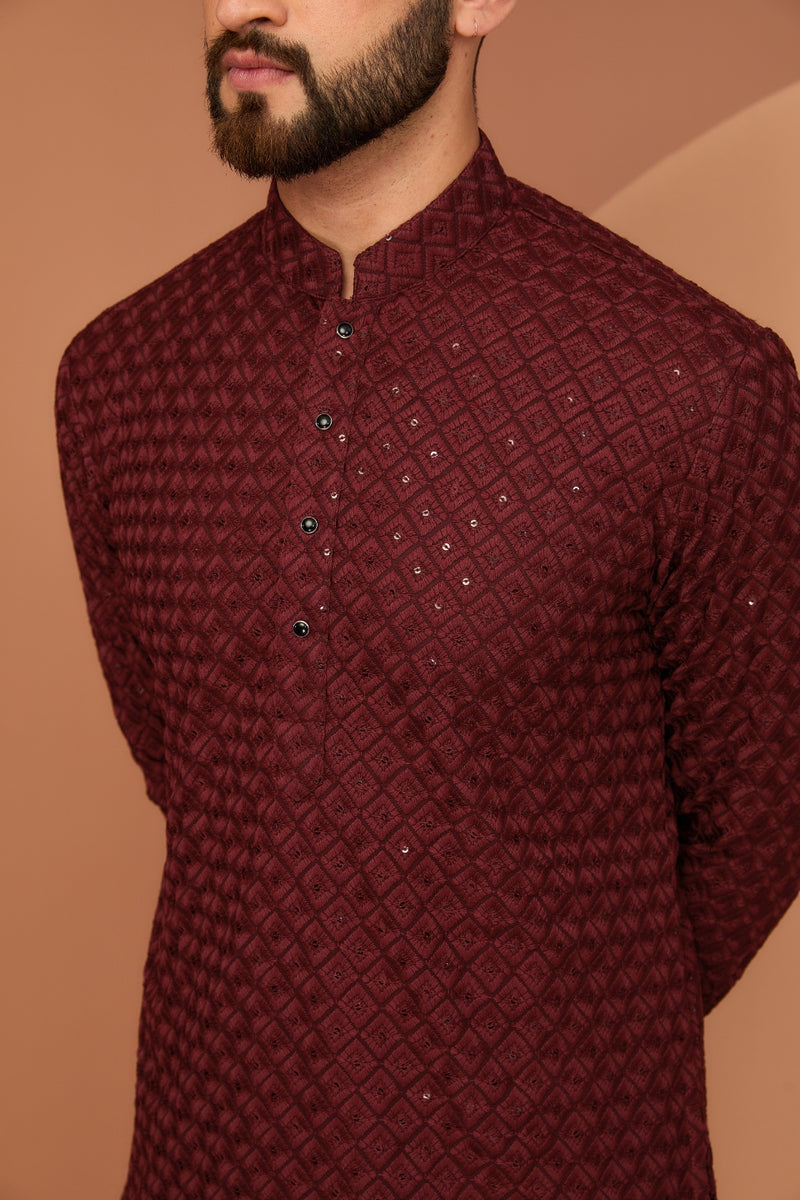 MAROON SHORT CHIKANKARI KURTA WITH ROYAL CUT