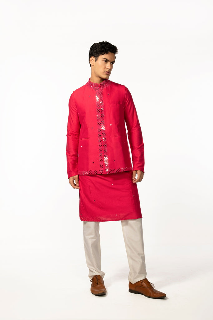 HOTPINK MIRROR BUNDI WITH HOTPINK MIRROR KURTA SET
