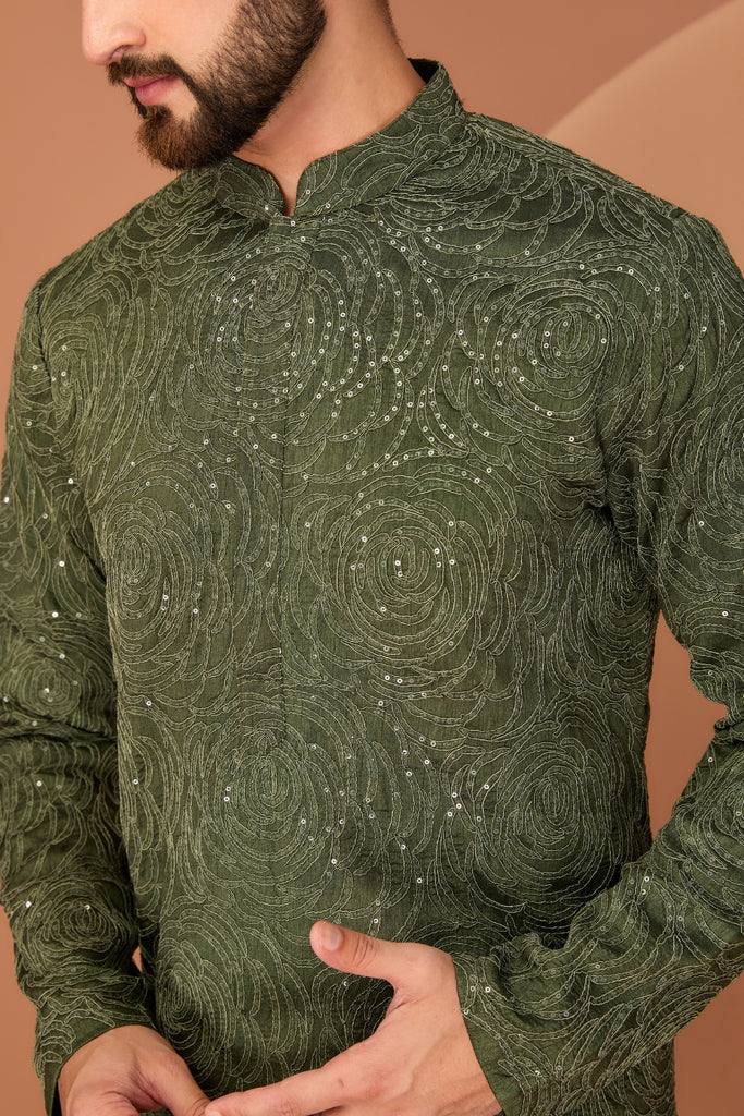 MILITARY GREEN FLORAL EMBROIDERED KURTA