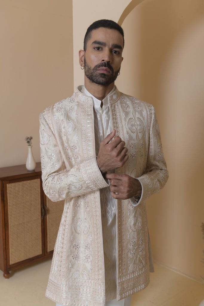 3 LAYER MID LENGTH EMBROIDERED CHANDERI INDO WESTERN