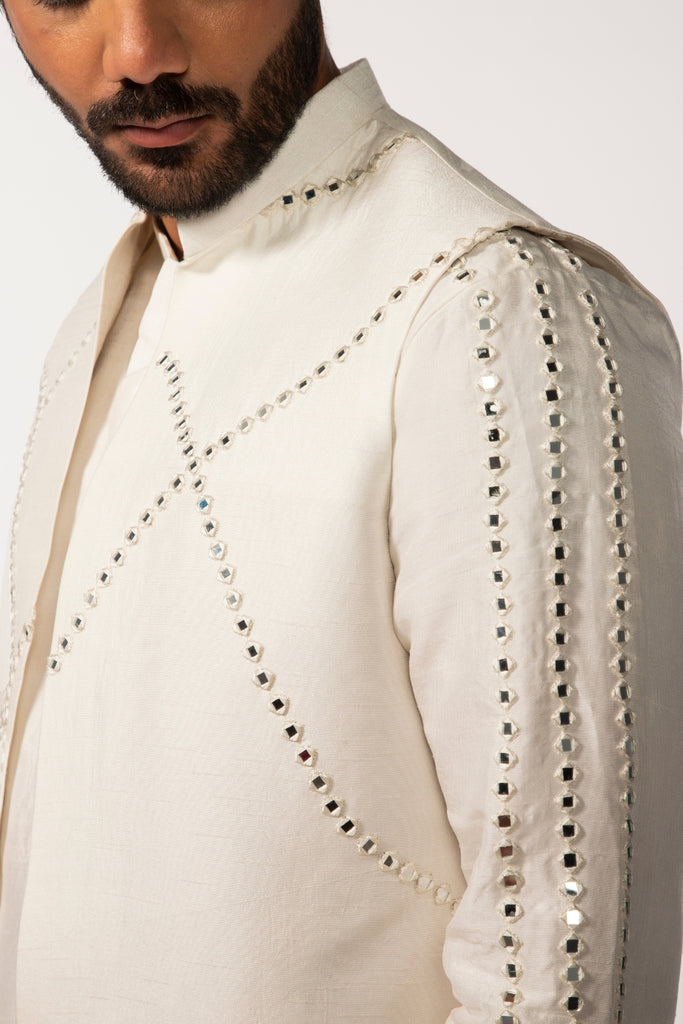 IVORY MIRROR BUNDI WITH IVORY SLEEVE MIRROR KURTA