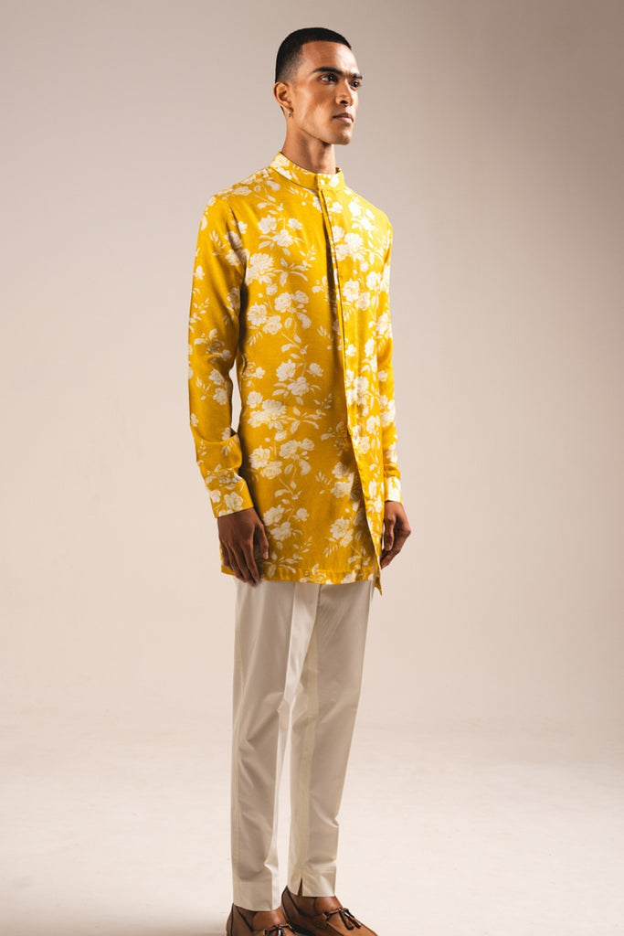 YELLOW WHITE ROSE SIDE SLIT KURTA PAJAMA SET