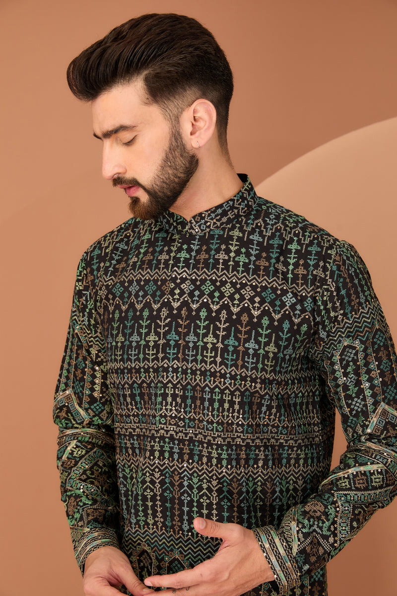 BLACK KASHMIRI EMBROIDERED KURTA WITH INTRICATE MULTI-THREADWORK