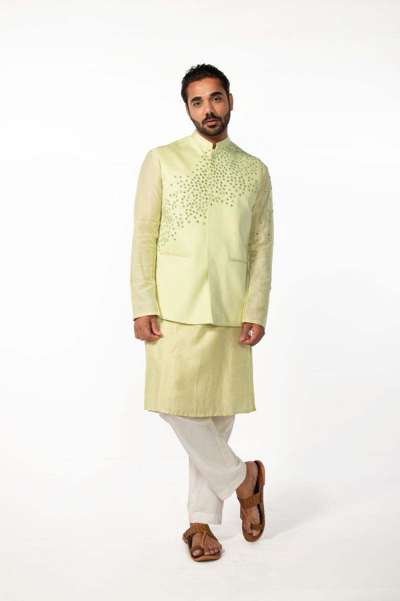 MINT GREEN ABSTRACT MIRROR BUNDI WITH MINT GREEN MIRROR ABSTRACT KURTA SET