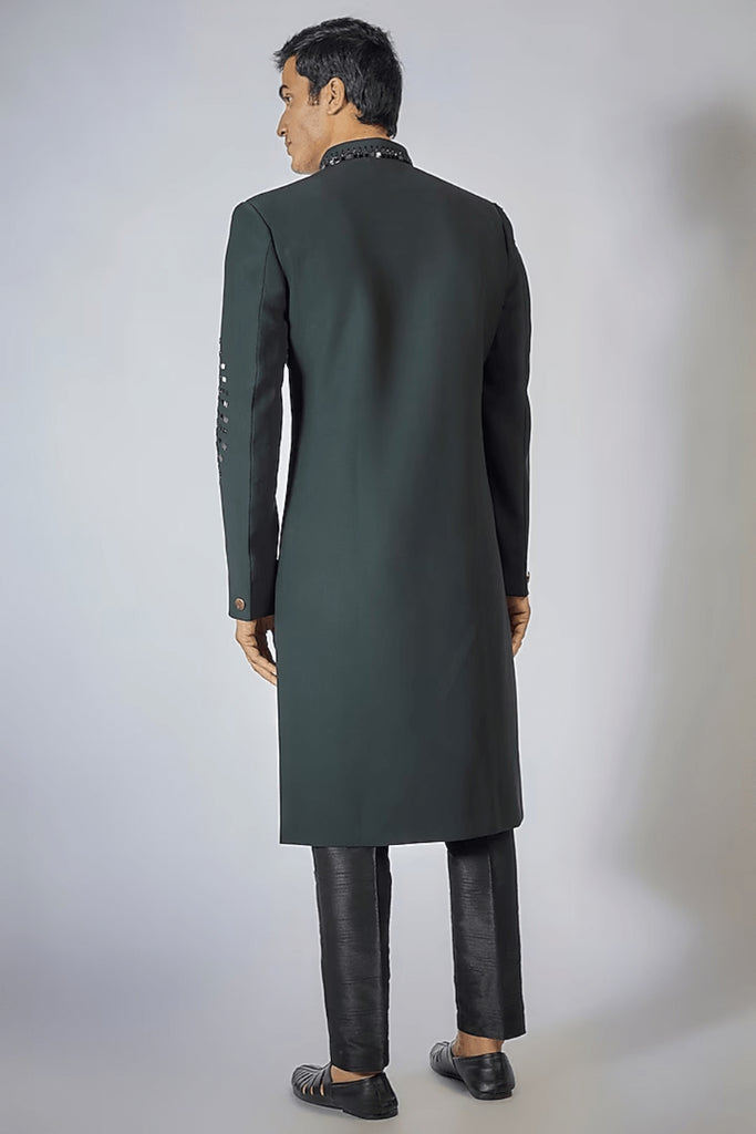 BOTTLE GREEN EMBROIDERED ACHKAN SET