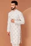 WHITE MIRROR WORK KURTA WITH INTRICATE PINK THREAD DETAILING
