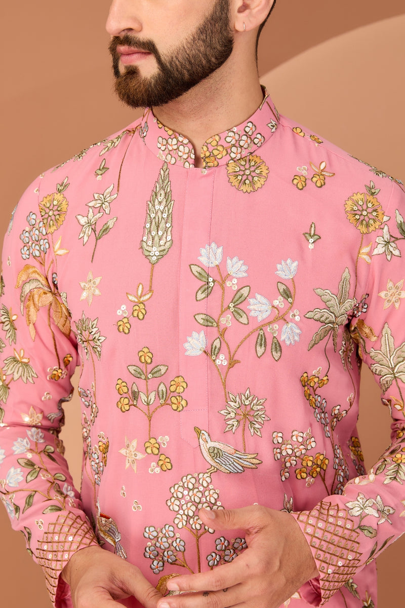 DARK PINK FLORA-FAUNA EMBROIDERED KURTA
