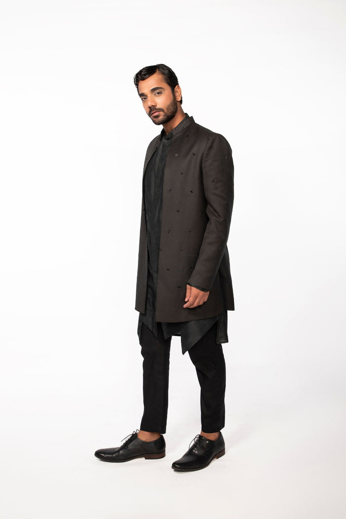 OLIVE EMBROIDERED OPEN JACKET WITH KURTA SET