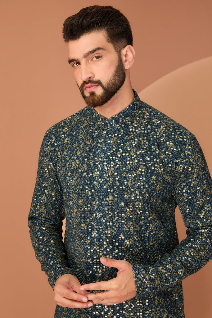 BLUE-GREY HEAVY ABSTRACT SEQUINED KURTA