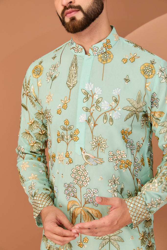 DARK AQUA BLUE FLORA-FAUNA EMBROIDERED KURTA