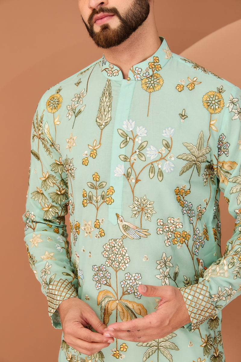 DARK AQUA BLUE FLORA-FAUNA EMBROIDERED KURTA