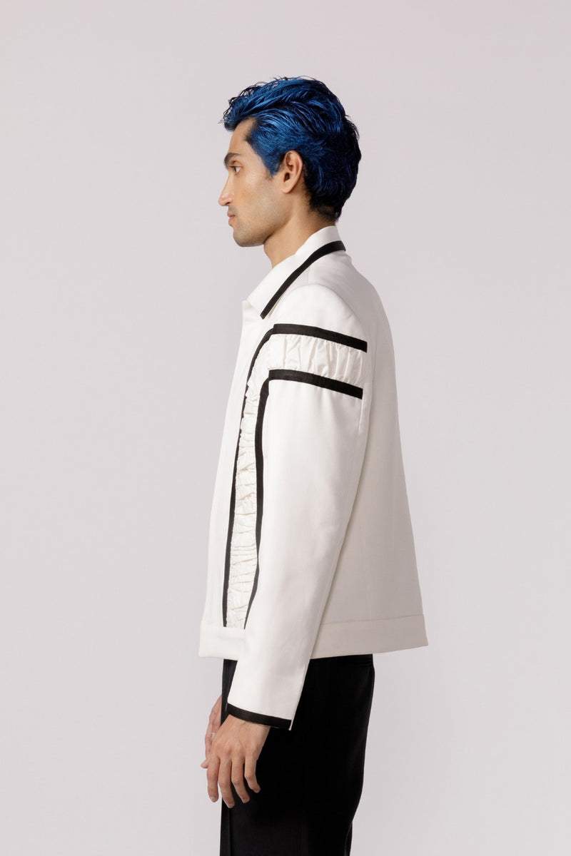 ARCHED RUCHED BOMBER JACKET