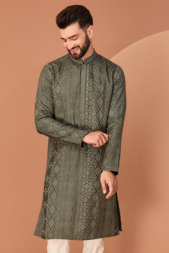 MILITARY GREEN CHIKANKARI KURTA