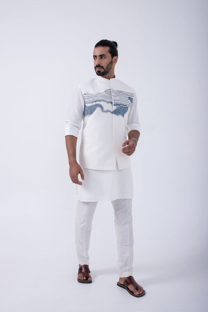 IVORY KURTA SET WITH IVORY PLACMENT ABSTRACT EMBRIODERD BUNDI