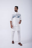IVORY KURTA SET WITH IVORY PLACMENT ABSTRACT EMBRIODERD BUNDI