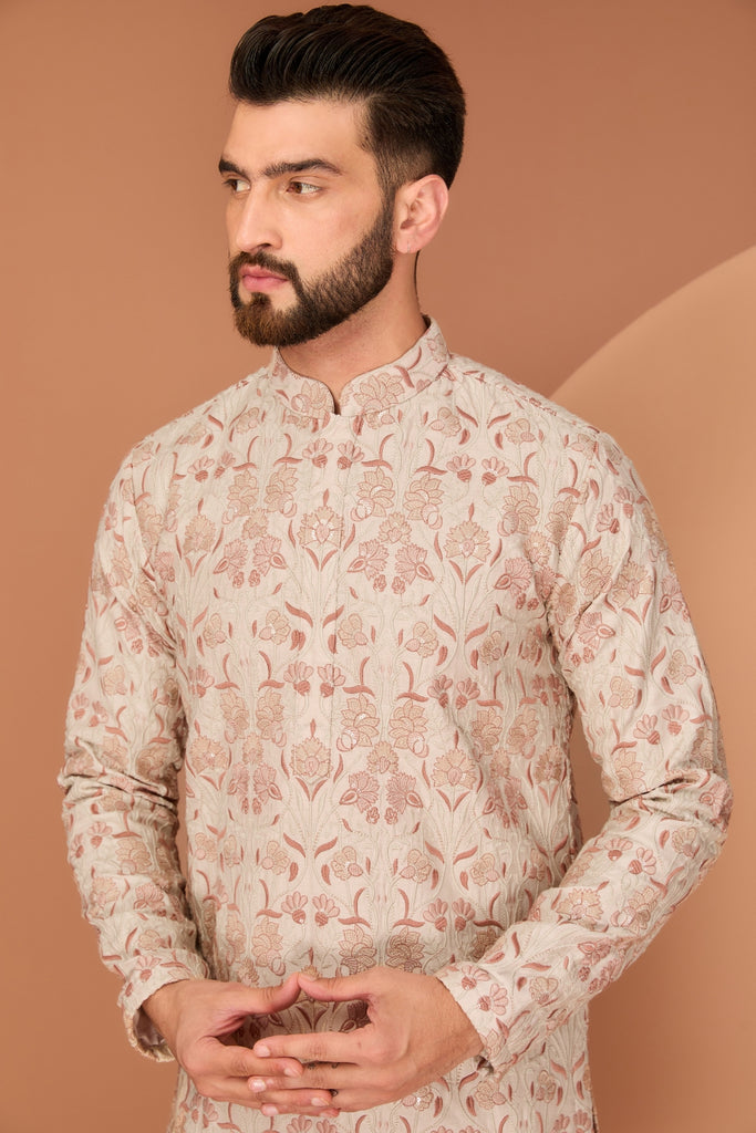 BEIGE-CREAM FLORAL CHIKANKARI KURTA