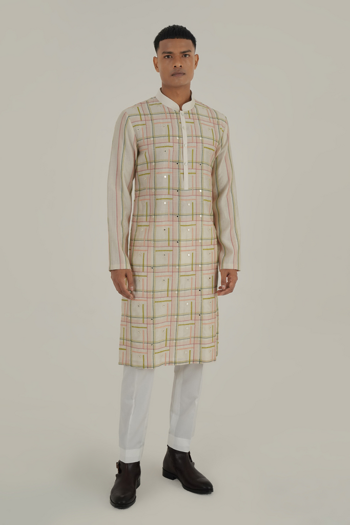 GEOMETRIC EMBROIDERY KURTA SET WITH MIRROR WORK