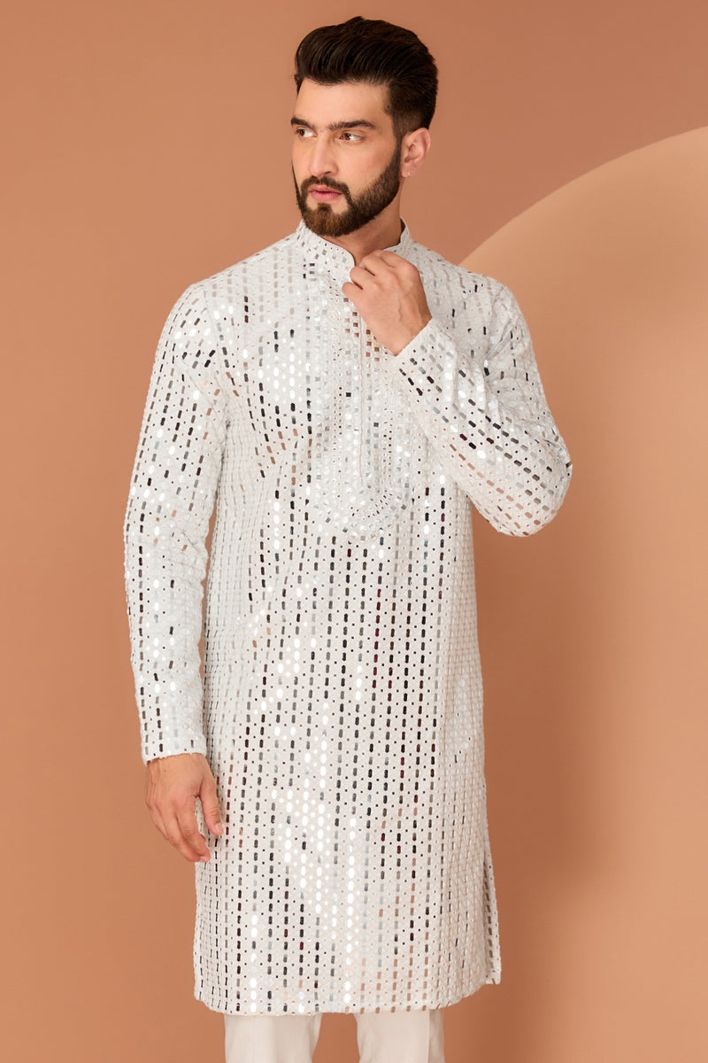 WHITE MIRROR WORK KURTA WITH HAND EMBROIDERED NECK-LINE