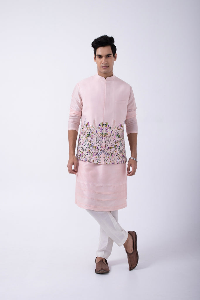 PASTEL PINK PINTUCK KURTA SET WITH PASTEL PINK PEACOCK IN A GARDEN BUNDI