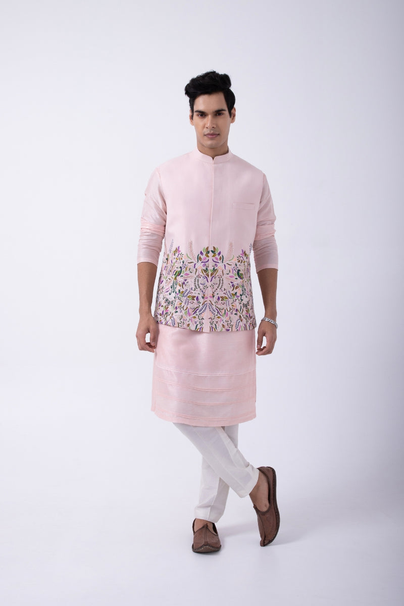 PASTEL PINK PINTUCK KURTA SET WITH PASTEL PINK PEACOCK IN A GARDEN BUNDI