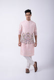 PASTEL PINK PINTUCK KURTA SET WITH PASTEL PINK PEACOCK IN A GARDEN BUNDI