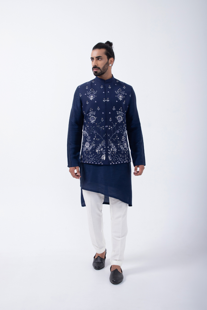 BLUE KURTA SET WITH BLUE HEAVY GARDEN EMBRIODERED BUNDI